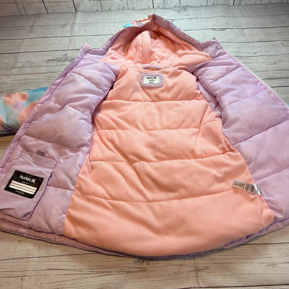 Hurley Snow Jacket Pockets Buttons Pink Tie Dye Youth Girls Size‎ Large 14/16